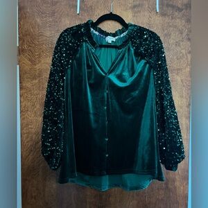Umgee Greeb Velvet Blouse with Sequin Sleeves size S